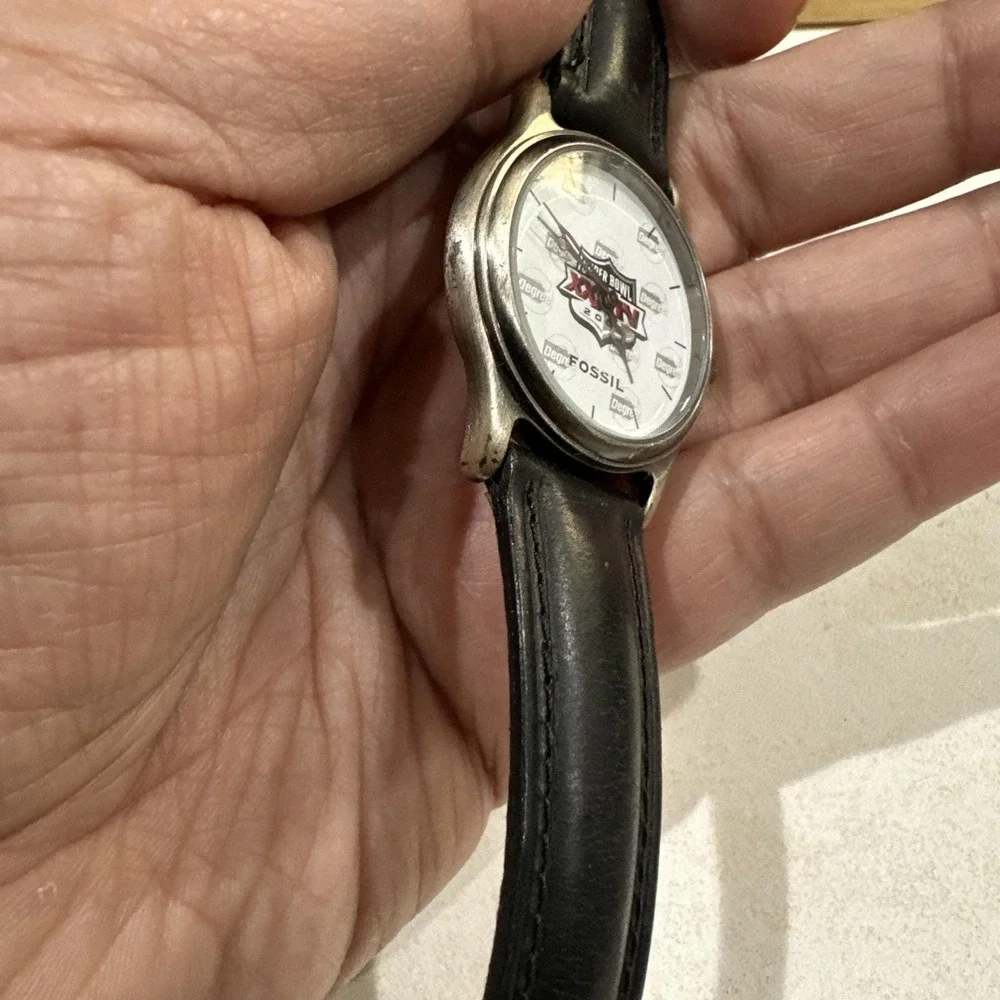 Working Vtg Fossil Super Bowl XXXIV Mens Watch 2000 Limited Edition 33mm Fit 7.5